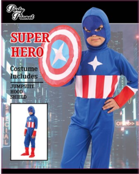 BOY CAPTAIN AMERICA-INCLUDING JUMPSUIT, HOOD, SHIELD, SIZE XL 9-10YO, HEIGHT APPROX. 140CM, WAIST APPROX. 62CM