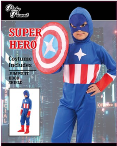 BOY CAPTAIN AMERICA-INCLUDING JUMPSUIT, HOOD, SHIELD, SIZE XXL 11-12YO, HEIGHT APPROX. 152CM, WAIST APPROX. 64CM