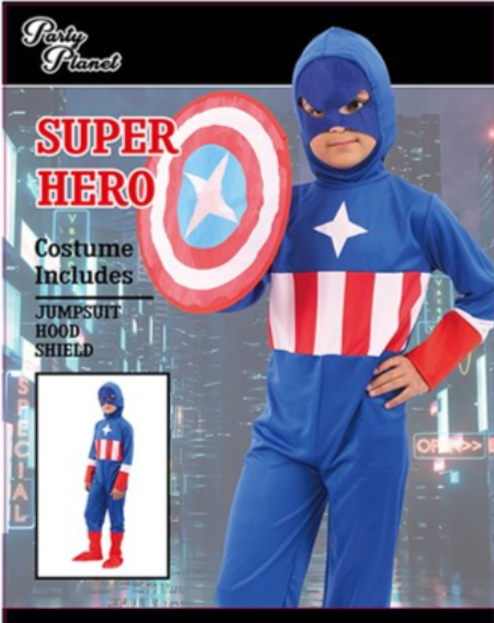 BOY CAPTAIN AMERICA-INCLUDING JUMPSUIT, HOOD, SHIELD, SIZE L 7-8YO, HEIGHT APPROX. 128CM, WAIST APPROX. 56CM