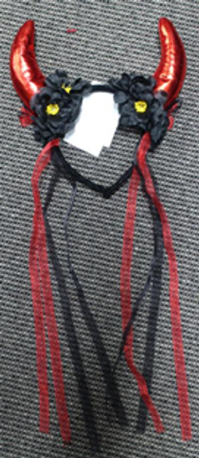 DEVIL HORNS W/BLACK FLOWERS & RIBBON DEVIL HORNS W/BLACK FLOWERS & RIBBON