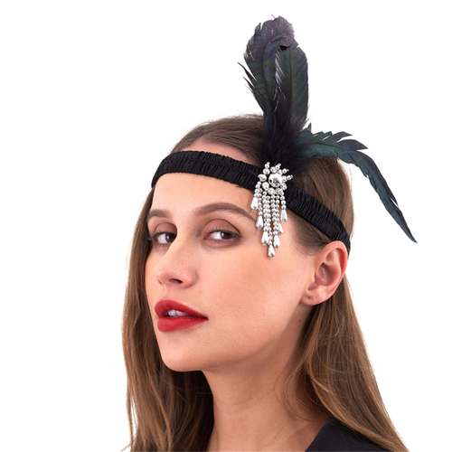 JEWELLED BLACK FLAPPER HEADBAND - Discount Party World