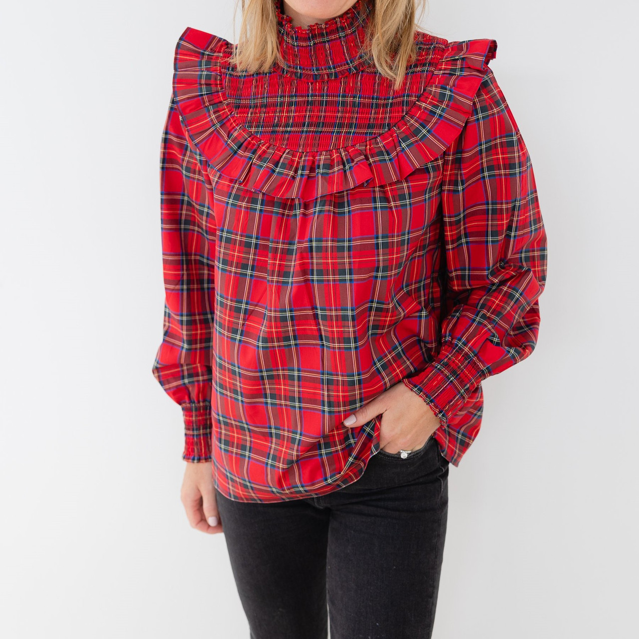 Plaid hot sale ruffle blouse