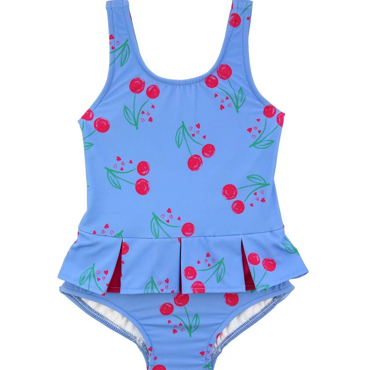 Cherry Print Swimsuit With Pleats Blue/Multi