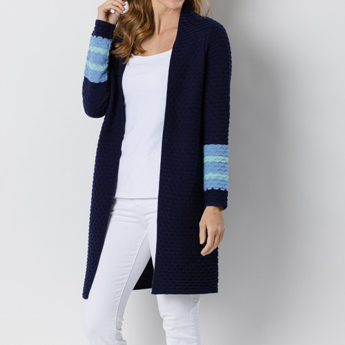 Drape Front Cardigan With Stripes Navy