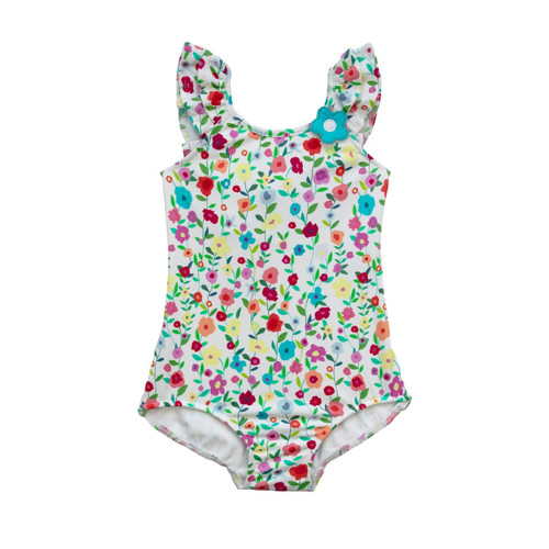 Floral Swimsuit With Ruffles Wht/Multi
