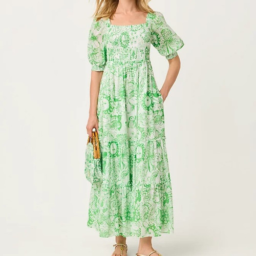 Hadly Short Sleeve Smocked Maxi Dress Putting Green Fleur De Lilly