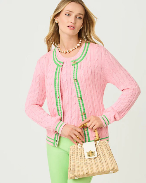 Brockton Crew Neck Cardigan Conch Shell Pink X Jackfruit Green Tipping