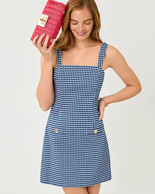 Veda Skirted Romper Starlight Navy Gingham Stretch Jacquard