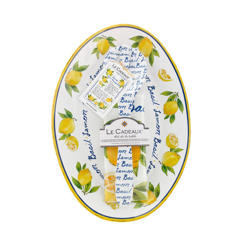 Lemon Basil Oval Serving Platter with Servers and Matching Tea Towel Gift Set