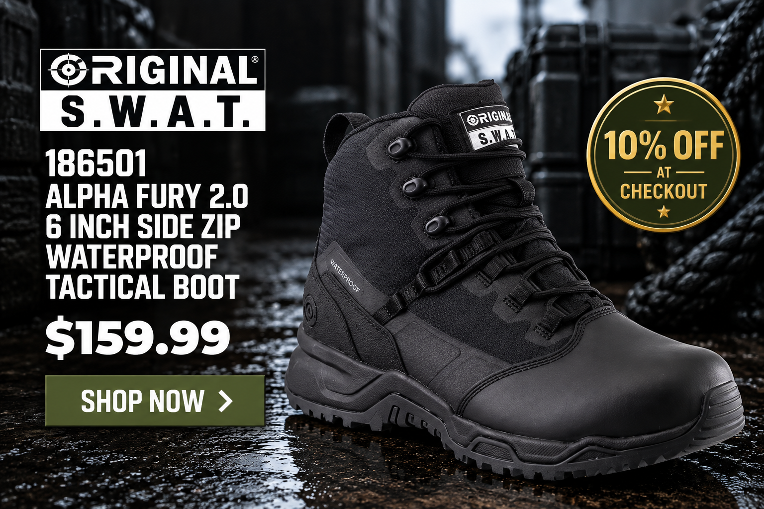 Original SWAT 186501 Alpha Fury 2.0 6 Inch Side Zip Waterproof Tactical Boot