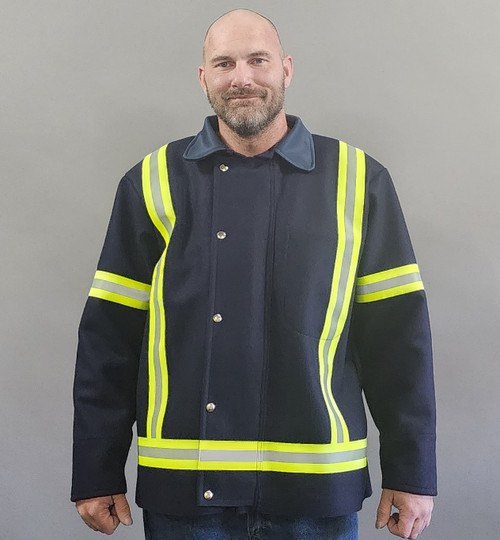 Fire resistant wool coat with reflective on front, back, and arms.