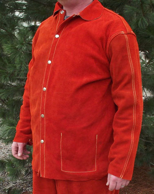 Our Orange Chrome Leather welding coat is top stitched on the yoke and sleeves for heavy duty long lasting performance.