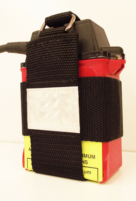 Small heavy duty holder for mining battery attaches to belt loop with heavy duty Pebble Webbing.