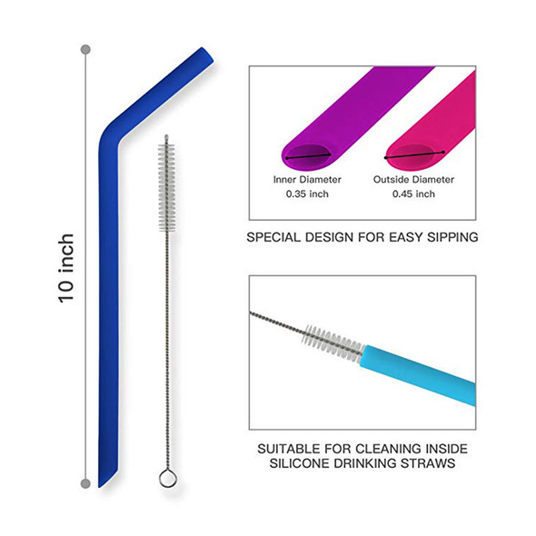 Set of 6 reusable silicon drinking straws - large, flexible, smoothie size