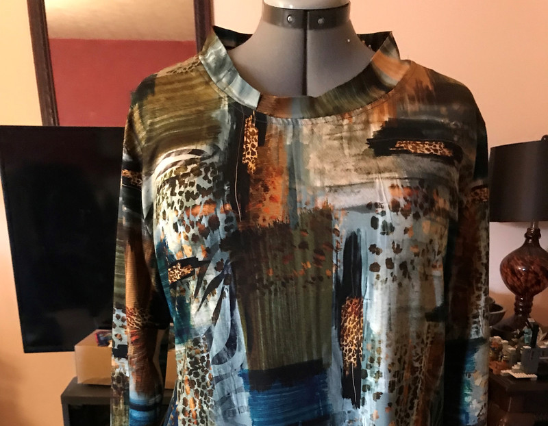 Teal Blue/Olive Green/Pumpkin Abstract Viscose Jersey Knit