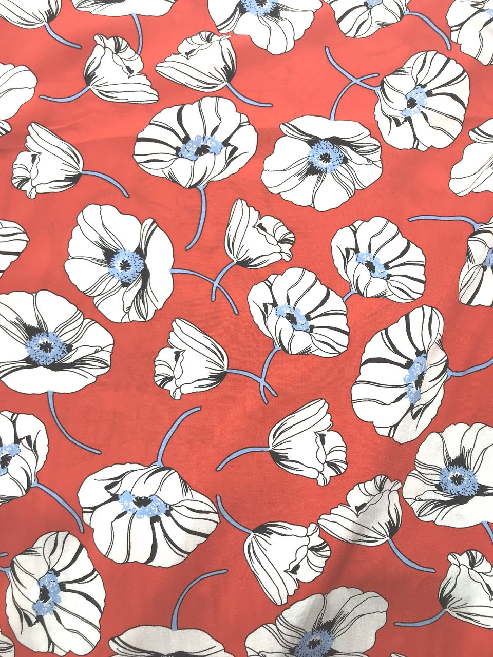 Pimento Red/Ice Blue and White  Floral Viscose Poplin Print