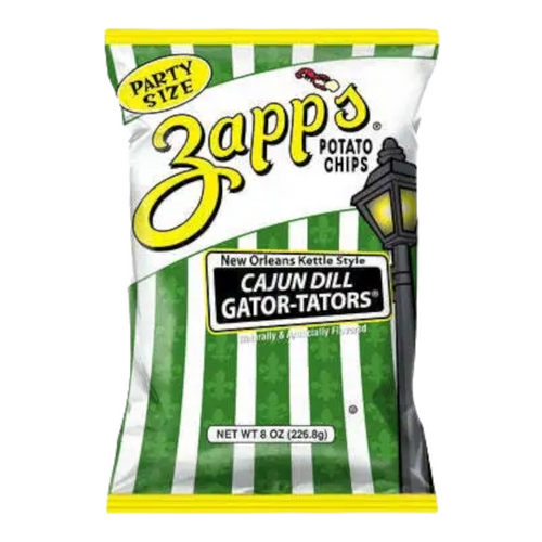 8oz Zapp’s New Orleans Kettle-Style Potato Chips in Cajun Dill Gator-Tators flavor, of course! Our dill pickle chips have a hint of dill with the tang of salt and vinegar chips and chili spice for a Cajun kick, all packed into one single bite-sized chip.