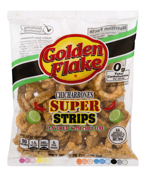 Enjoy the classic flavor of Golden Flake while enjoying all the good things in life. Experience Golden Flakes's delicious tradition of Simple. Southern. Goodness.™
Pork Skins, Pork Rinds, Chicharrones
Super Strip cut
Flavored with Chile Lime
0 g total carbohydrate per serving.