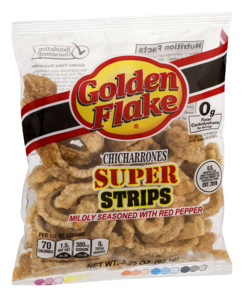 Enjoy the classic flavor of Golden Flake while enjoying all the good things in life. Experience Golden Flakes's delicious tradition of Simple. Southern. Goodness.™
Pork Skins, Pork Rinds, Chicharrones
Super Strip cut
Mildly seasoned with Red Pepper
0 g total carbohydrate per serving.