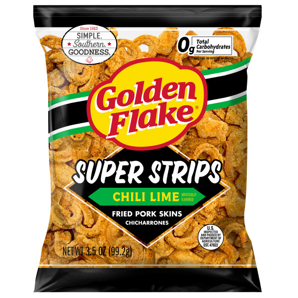 Golden Flake Chili Lime Super Strip Pork Cracklins, 3.5 oz (Pack of 4)