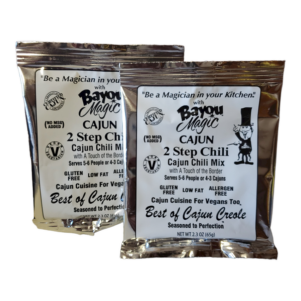 Bayou Magic It's a 2 Step Chili that is Vegan, Gluten Free, Low Fat, and Allergen Free. It's the best cajun creole thats seasoned to perfection, try it today.