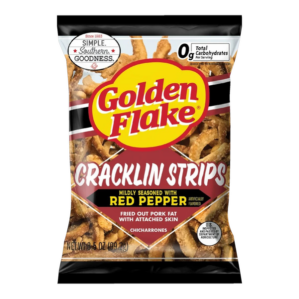 Golden flake 3.5oz Pork Cracklin Strips with mild red pepper flavor