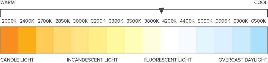 infographic of the color temperature kelvin scale ranging from warm Candle light 1000K to cool blue overcast light 7000K. This bulb is warm white 2700K.