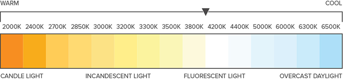 infographic of the color temperature kelvin scale ranging from warm Candle light 1000K to cool blue overcast light 7000K. This bulb is cool blueish white 5000K.