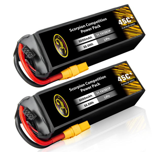 Scorpion 5000mAh 45C 11.1V 3S Lipo Battery for RC Airplane with XT90(2 Pack)