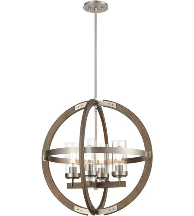 Okanagan 4 Light Orb Buffed Nickel and Barnwood on Metal with Clear Glass Finish