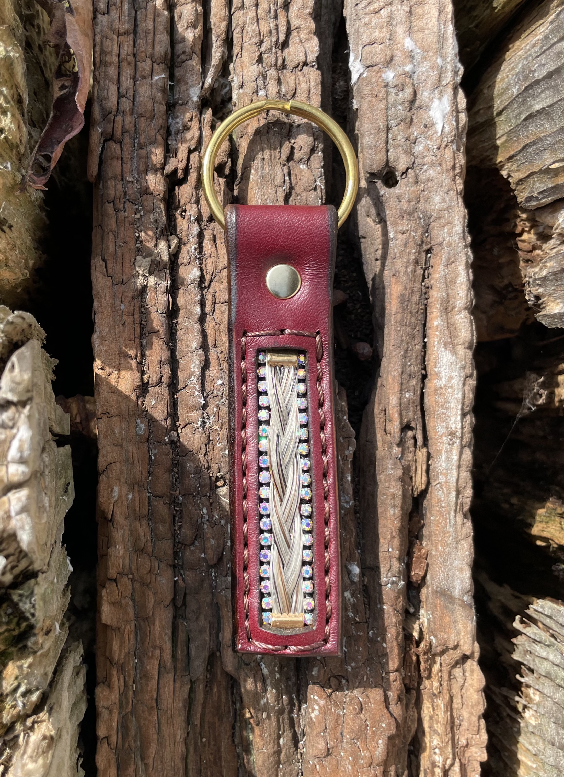 Personalized Horsehair and Leather Keychain with Rhinestone Border