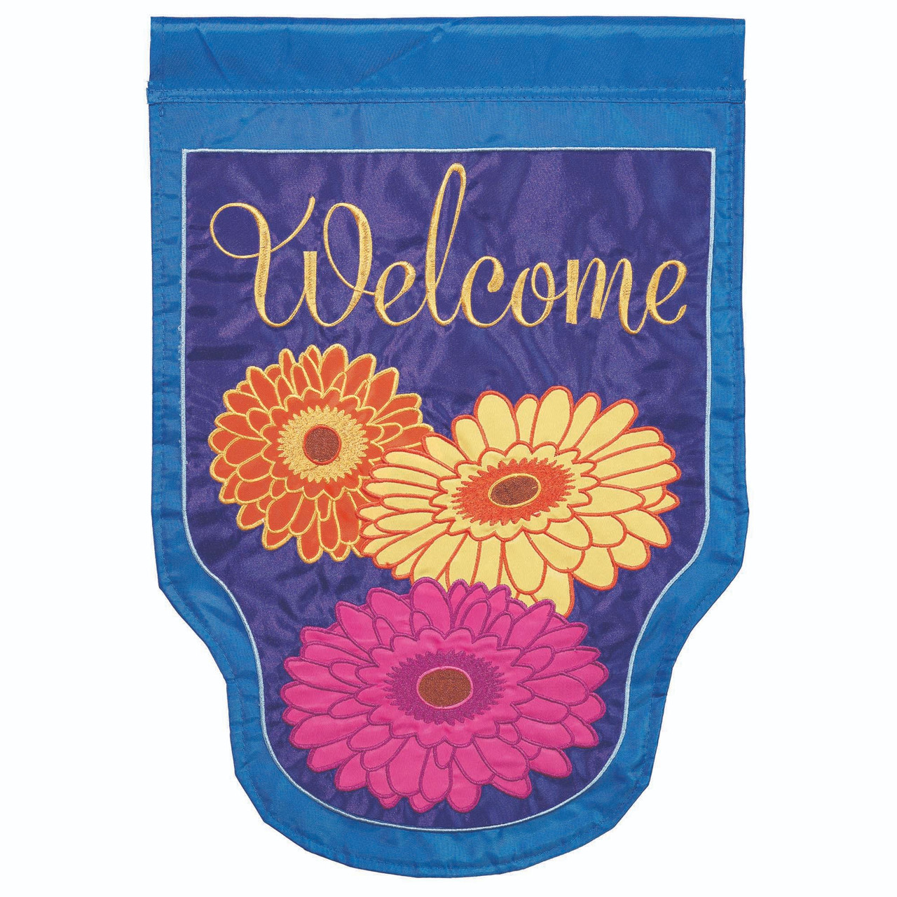 Double Applique Gerber Daisies Welcome Embroidered Outdoor Garden Flag - Thumbnail 2