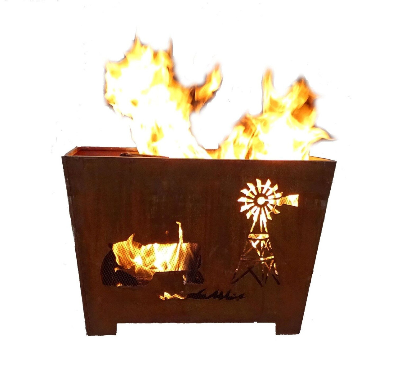 24" Brown Rustic Finish Farm Square Outdoor Fire Basket Pool Central
