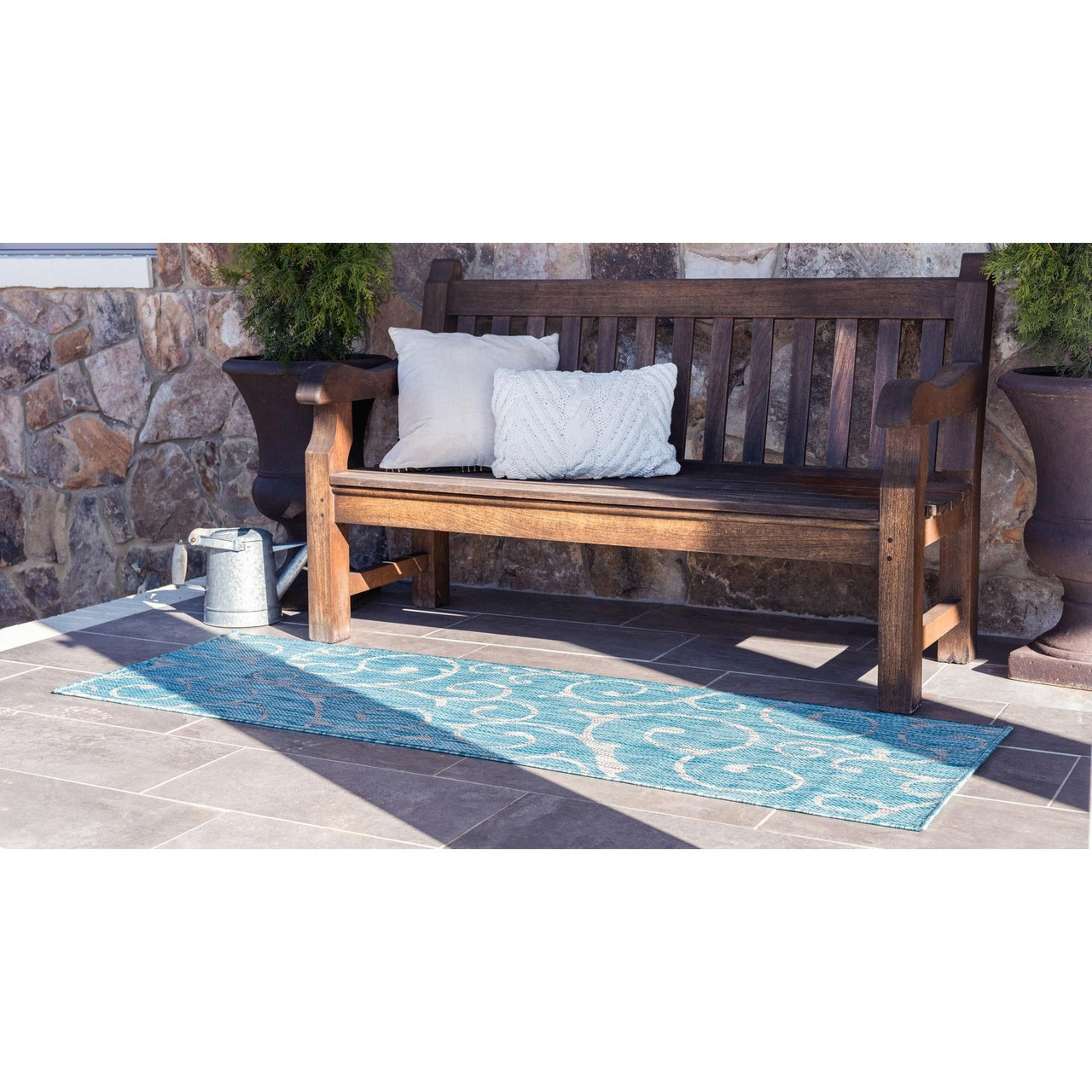 2' x 6' Aqua Blue & Gray Damask Rectangular Outdoor Rug Runner | Pool ...