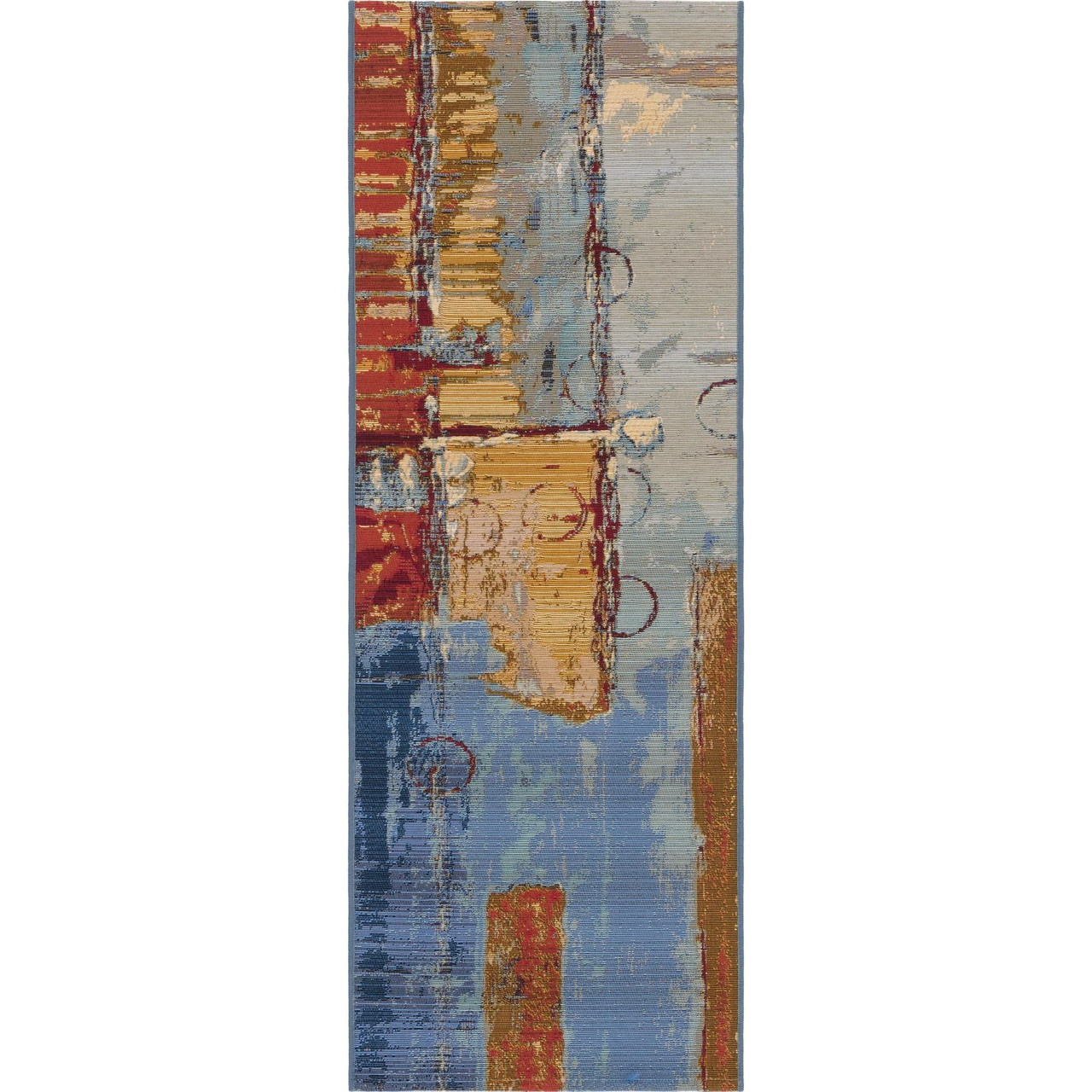 2' x 6' Blue & Beige Eclectic Geometric Rectangular Outdoor Rug Runner Pool Central