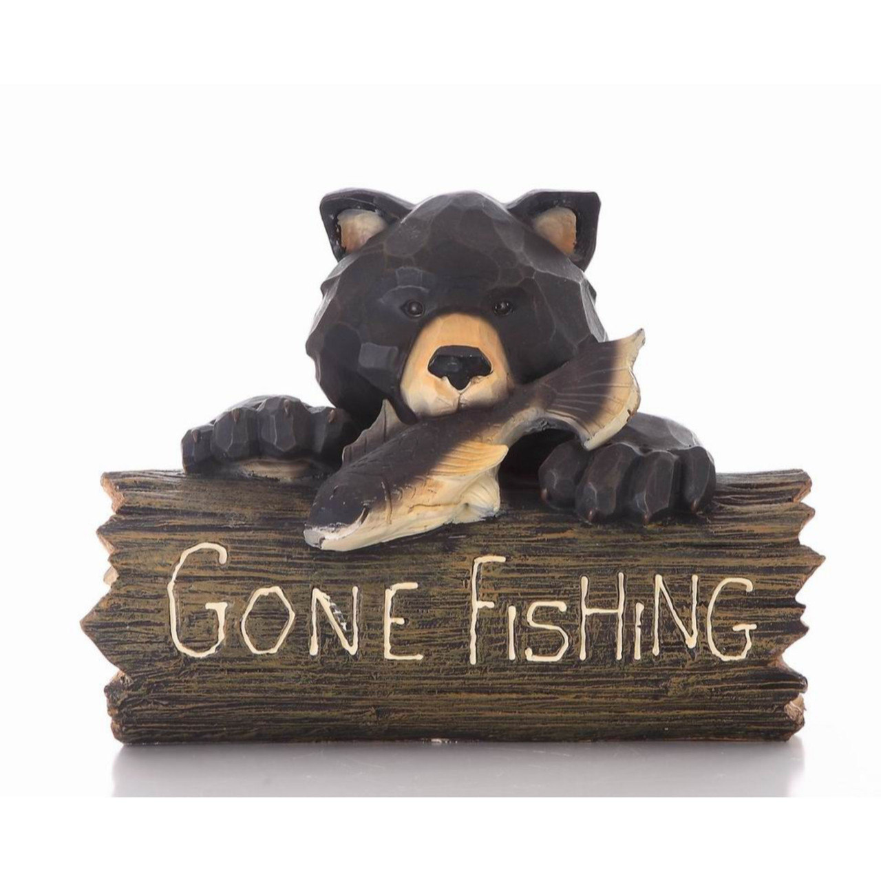 12.25 Black & Brown Bear with GONE FISHING Sign Garden Statue