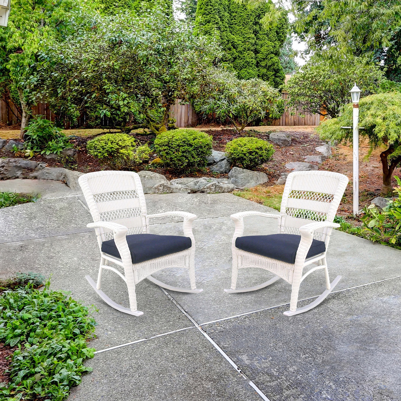 42" White Resin Wicker Rocker Chair with Blue Cushion Pool Central