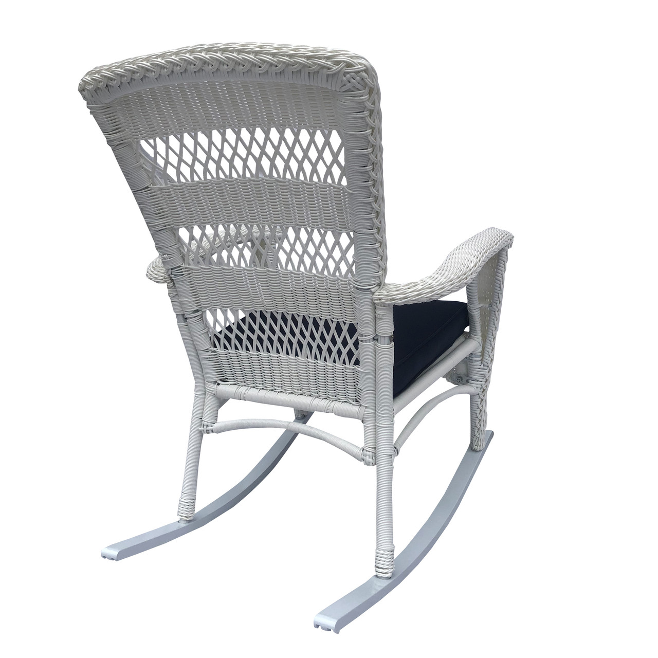 42" White Resin Wicker Rocker Chair with Blue Cushion Pool Central