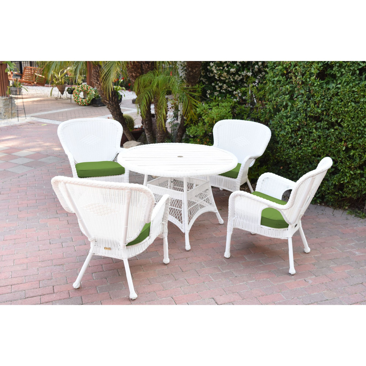 5 Piece White & Green Wicker Outdoor Chairs & Dining Table Set with