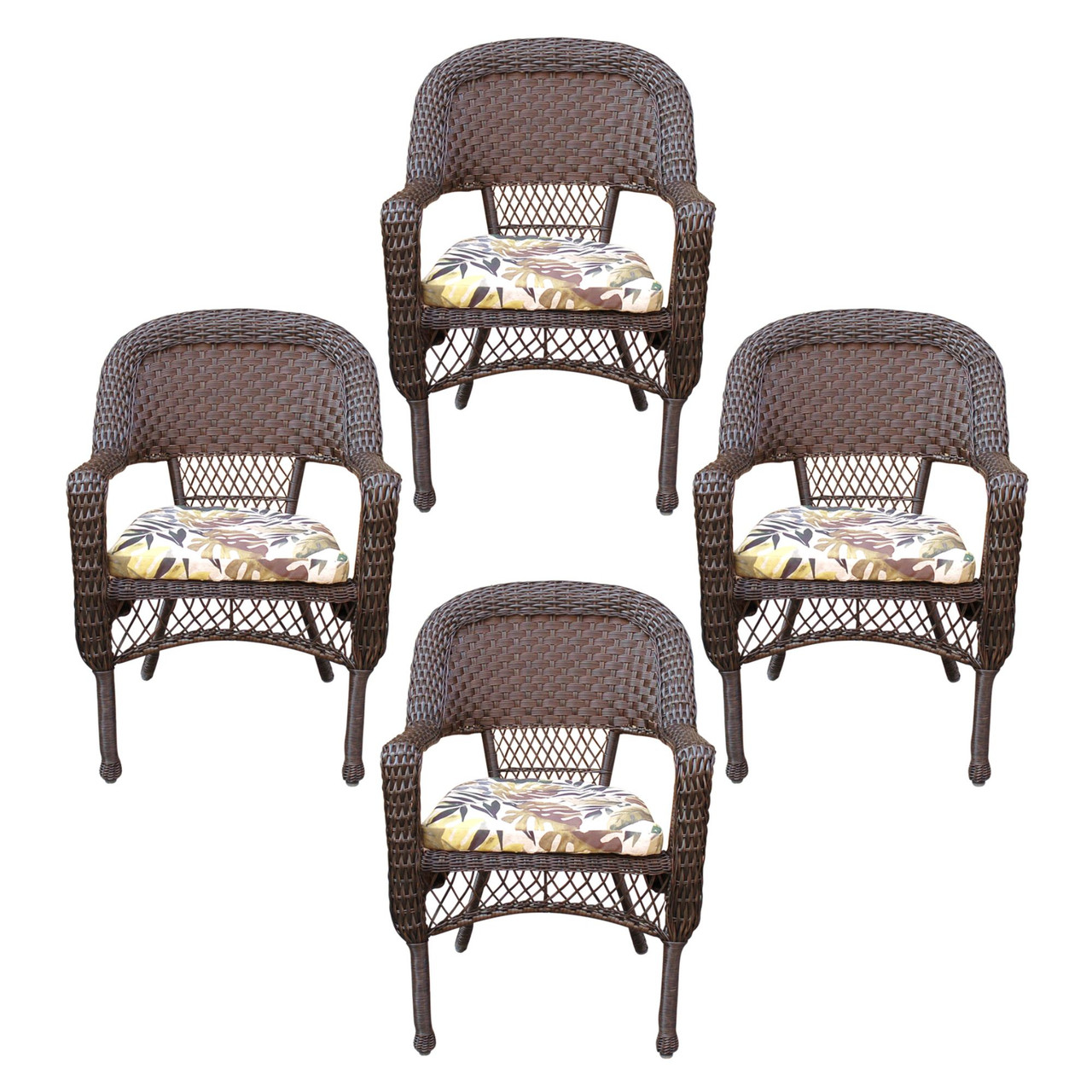 4Piece Resin Wicker Outdoor Brown Dining Chairs Floral Cushions
