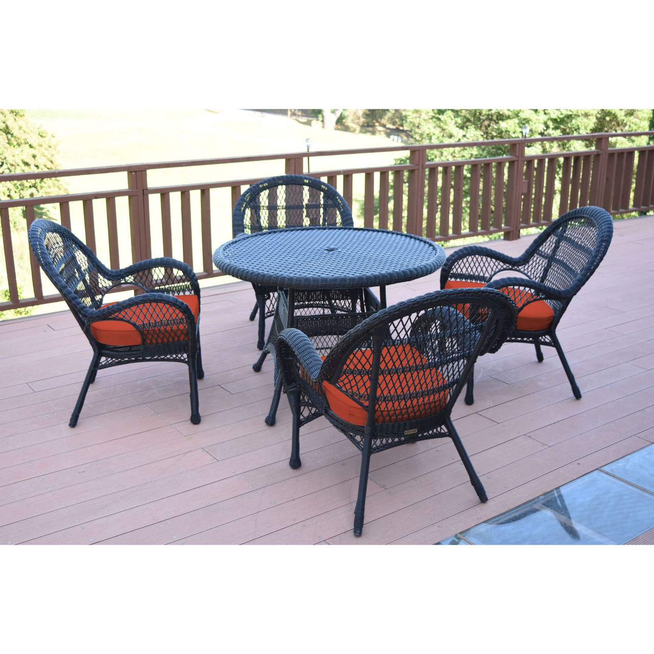 5Piece Black Outdoor Furniture Patio Dining Set Brick Red Cushions