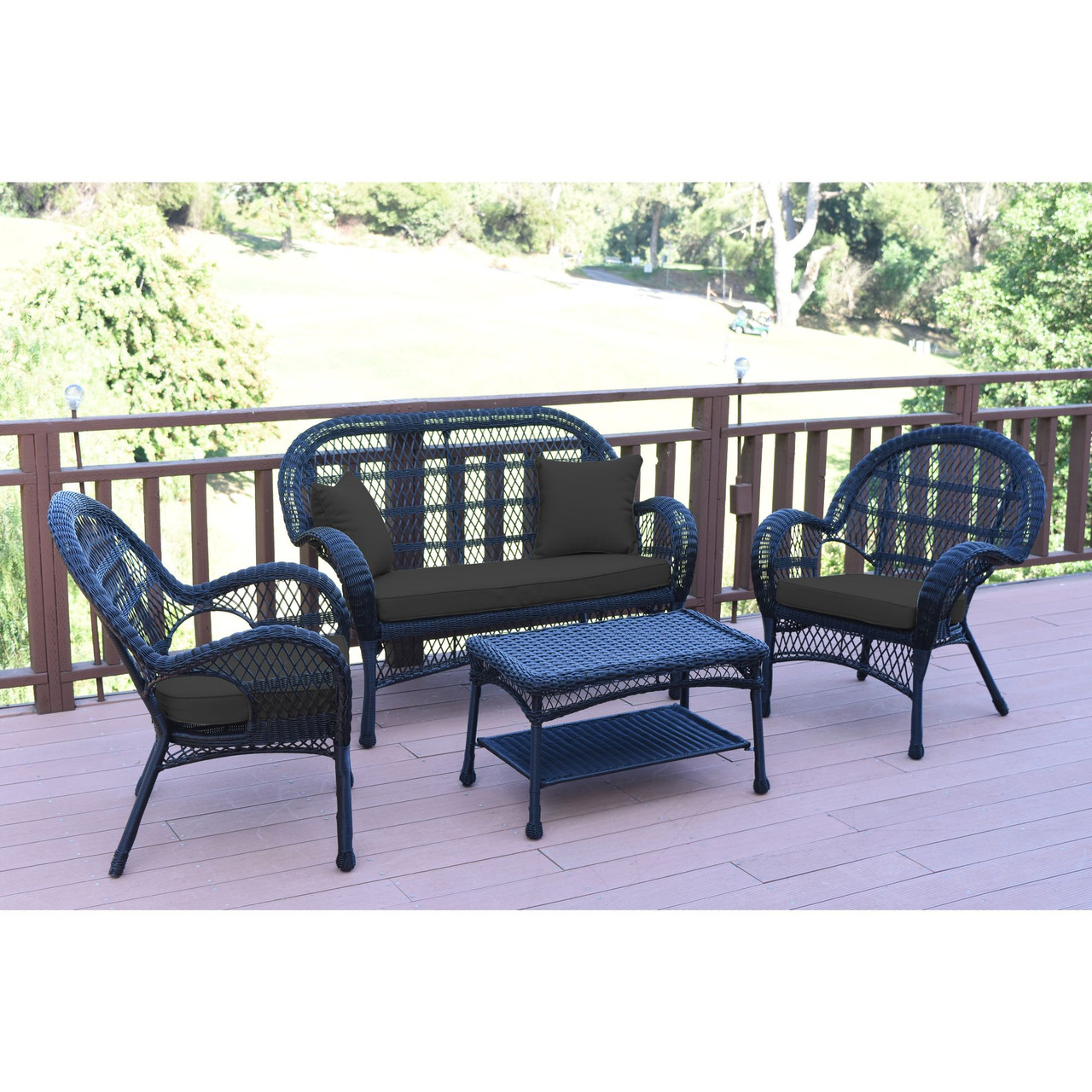 4Piece Black Wicker Outdoor Furniture Patio Conversation Set Black Cushions Pool Central