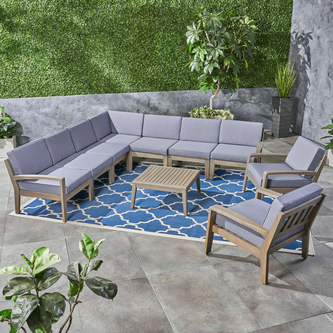 10Piece Gray Contemporary Outdoor Furniture Patio Sectional Sofa Set Gray Cushions Pool Central