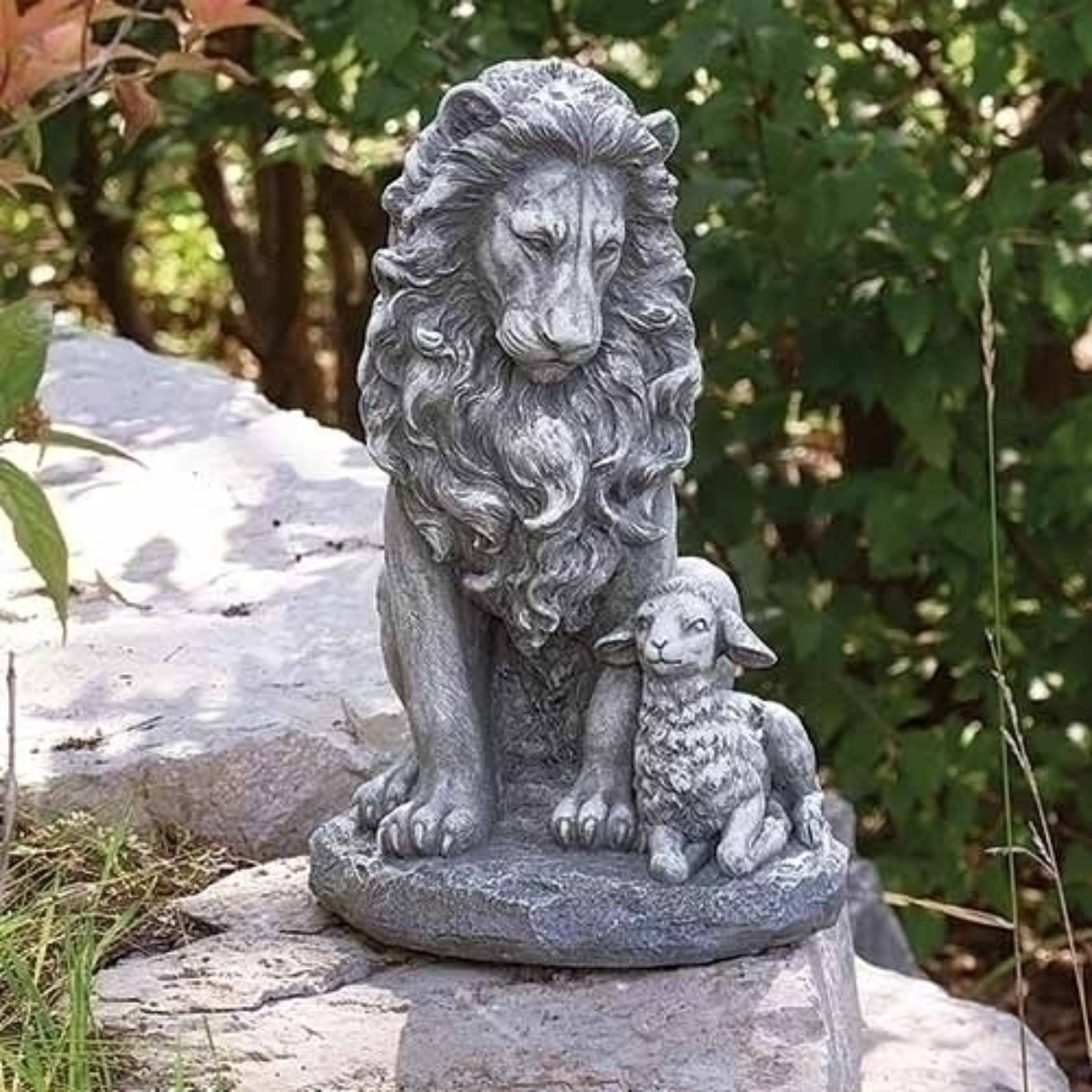 14.5" Lion & Lamb Outdoor Garden Statue | Pool Central