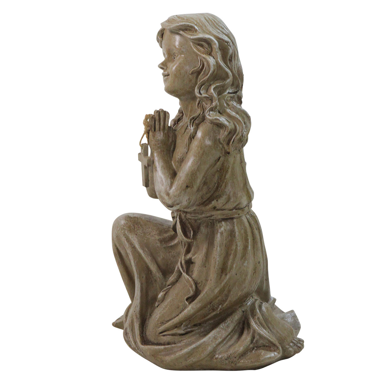 14.5" Brown Kneeling Angel with Cross Outdoor Garden Statue | Pool Central