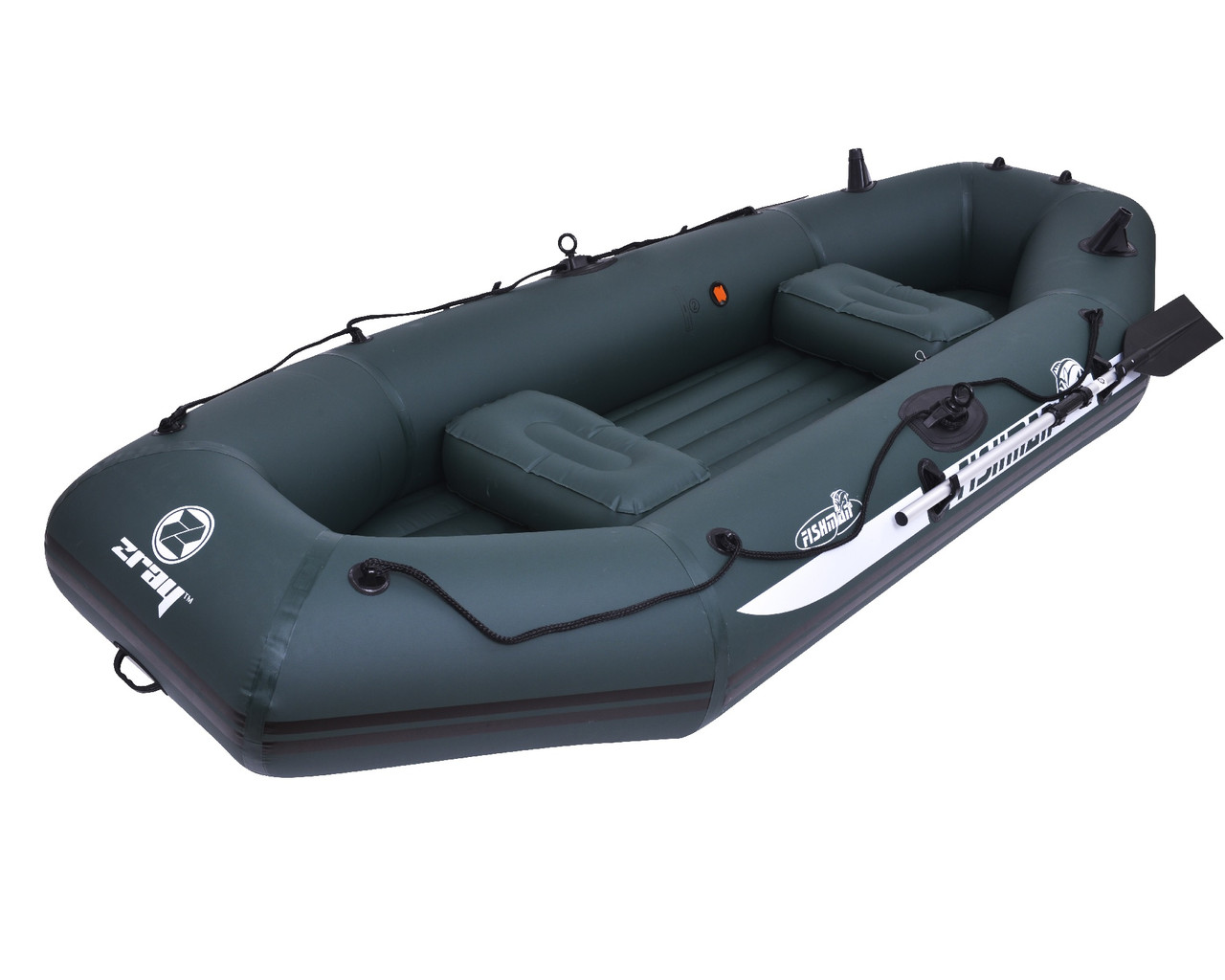 9.5' Inflatable Black Zray Fishman II 400 3-Person Fishing Boat with Oars &  Pump