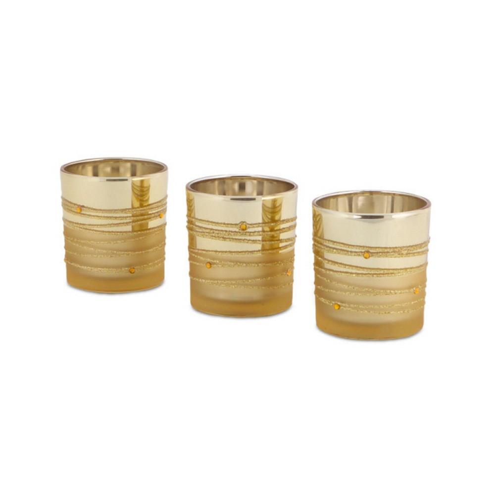 Set of 3 Glamour Time TwoTone Gold Embellished Glass Christmas Votive