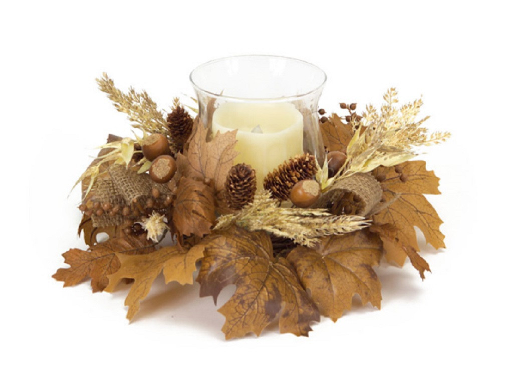 14" Rustic Lodge Natural Fall Foliage Hurricane Glass Candle Holder