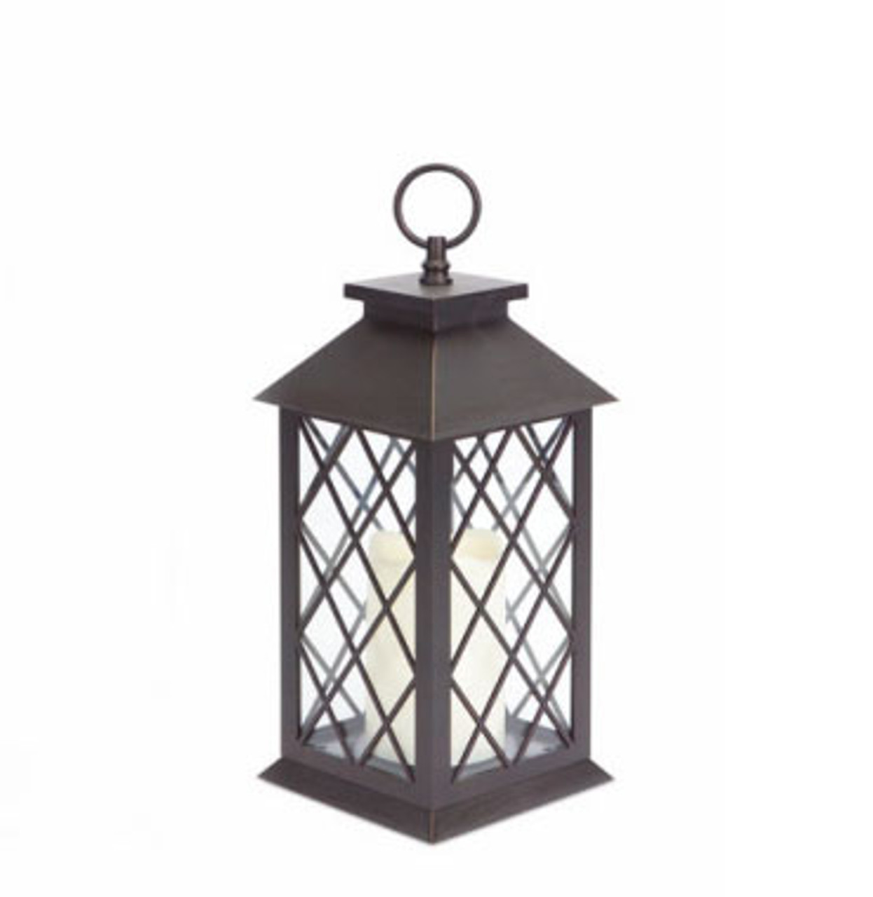 14" Battery Operated Dark Brown DiamondCut Outdoor LED Candle Lantern with Timer Pool Central