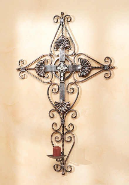 31" Scroll Design Metal Wall Cross & Pillar Candle Holder Pool Central